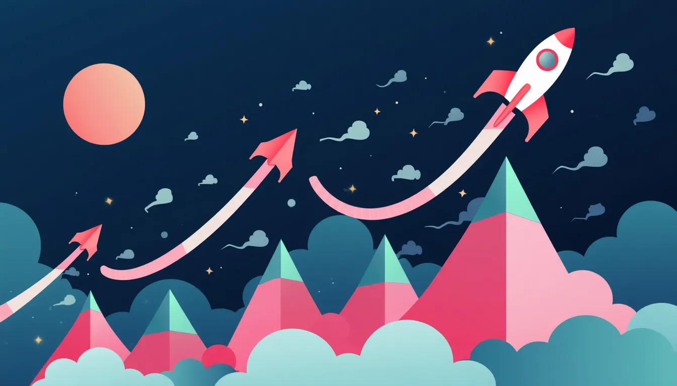 Three growth trajectories climbing above a geometric mountain range
