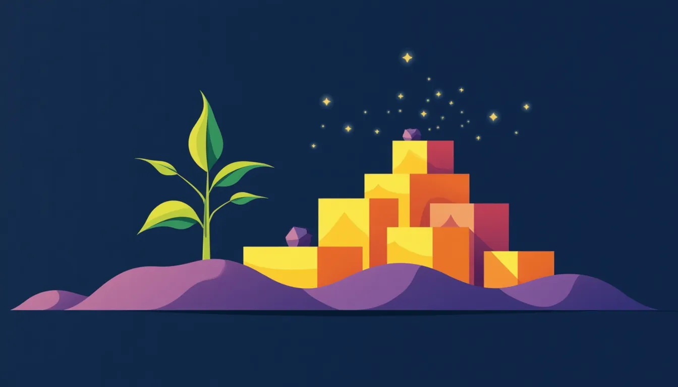 A seedling growing beside an ascending foundation of geometric blocks